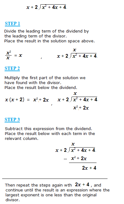 Steps for long division of algebraic expressions.