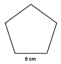 Pentagon with area to find using the side length which is shown.